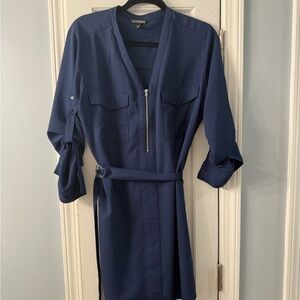 Express Blue V-Neck Cuffed Sleeve Dress